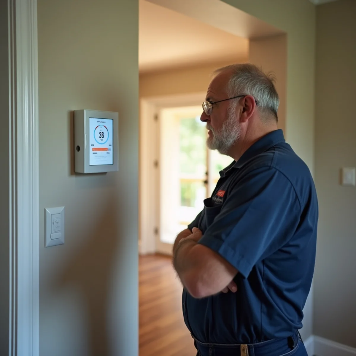 Homeowner checking digital thermostat and circuit breaker panel