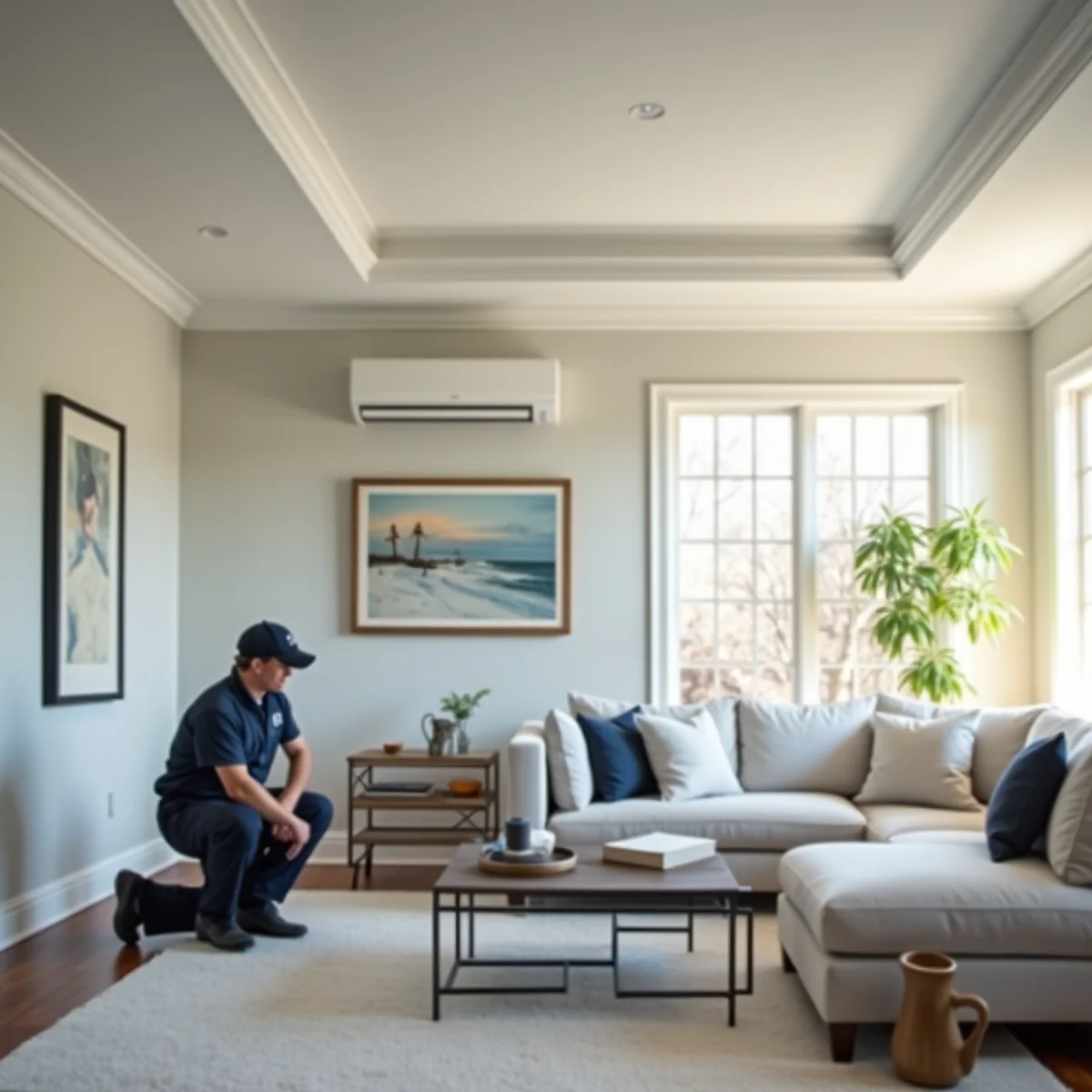 Sleek ductless mini-split indoor wall unit mounted in a third-floor townhome master suite