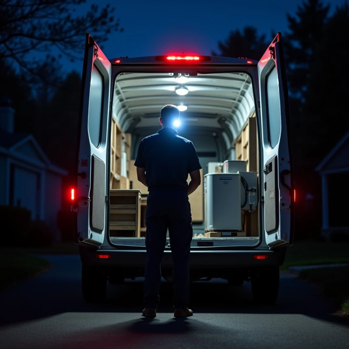 24/7 emergency HVAC service vehicle arriving at a residential home at dusk