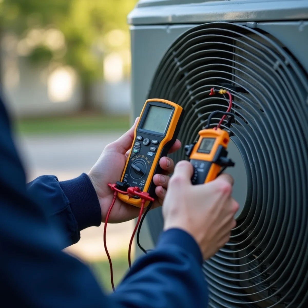 HVAC technician using digital diagnostic gauges to test compressor and refrigerant lines