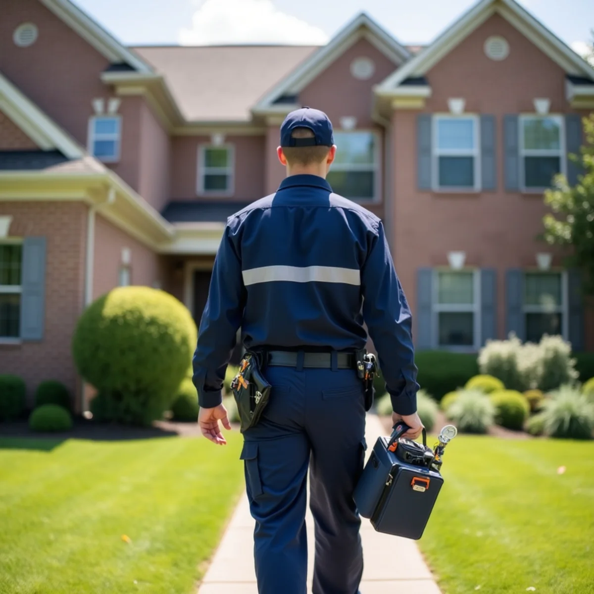 Licensed HVAC technician inspecting a modern central air conditioning system in Gainesville, VA